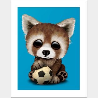 Cute Baby Red Panda With Football Soccer Ball Posters and Art